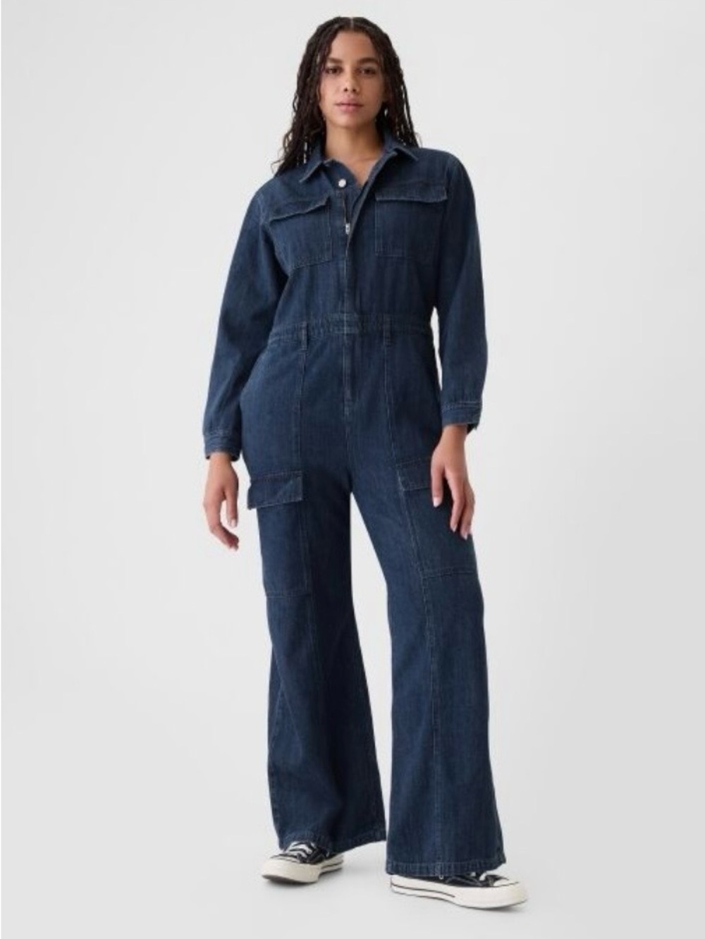GAP LS Belted Utility Dark Blue Denim Wide-Leg Jumpsuit